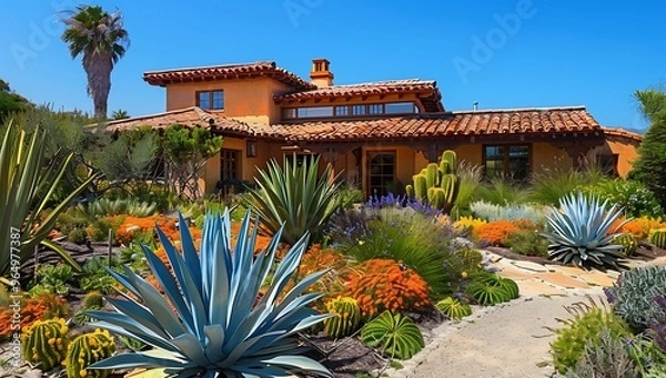 Fototapeta Drought tolerant landscaping - Generative AI