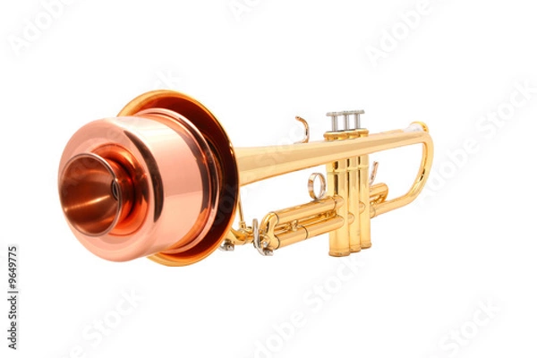 Obraz gold lacquer trumpet with mouthpiece and mute isolated on white