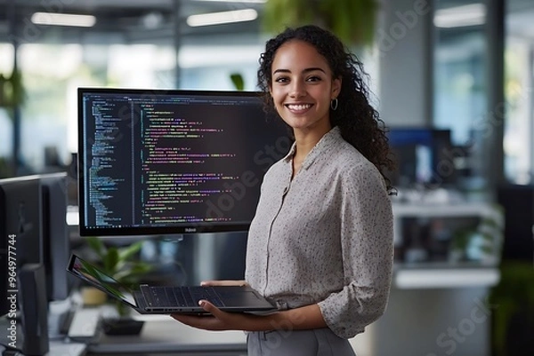 Fototapeta Portrait of young female programmer with digital tablet looking at camera while standing at her workplace with computer.