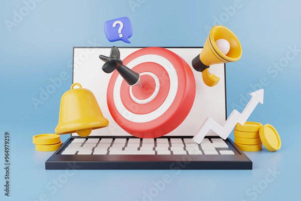 Fototapeta 3D Illustration Digital Marketing Red Target with Arrow in the Center Floating on Laptop and Notification Bell with Megaphone Next to it Online Business Online Advertising 3D Rendering