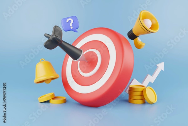 Fototapeta 3D illustration Digital marketing Red target with arrow in the middle aiming at the goal and notification bell with loudspeaker beside it Online business Online advertising 3D rendering