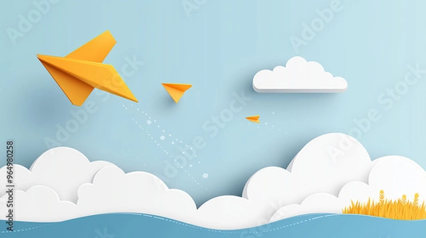 Fototapeta School or children blue sky cloudy background. 3d flying yellow paper airplanes. Vector cartoon kids planes in air.