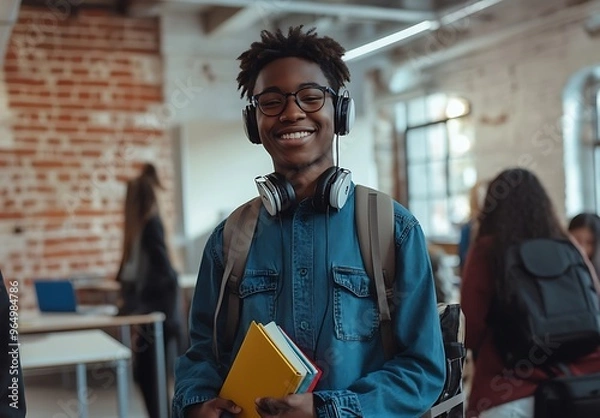 Fototapeta Portrait of a young male college student wearing headphones and a beanie smiling while standing in a classroom with students behind him