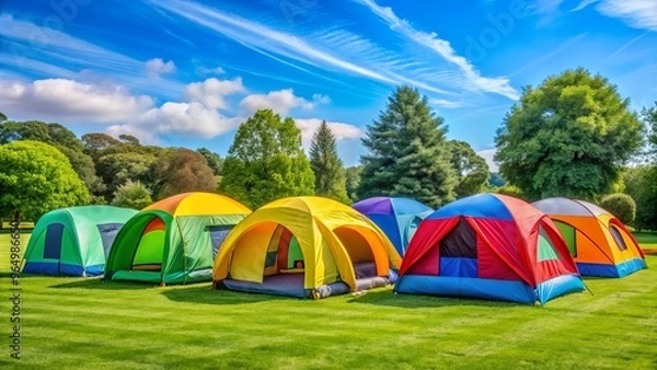 Fototapeta Colorful inflatable tents dot a lush green field on a sunny summer day, offering a vibrant and playful