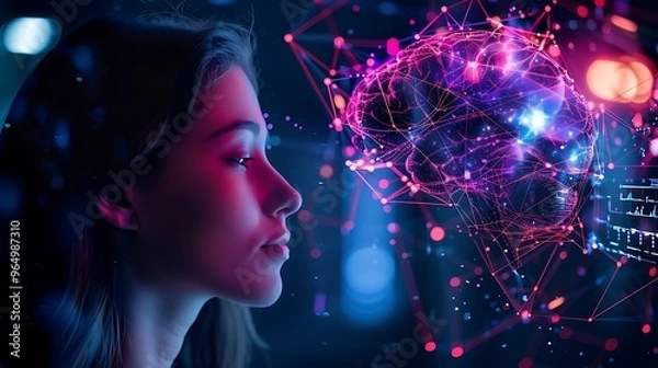 Fototapeta Profile View of a Woman's Face Looking at Purple Brain Hologram - Generative AI