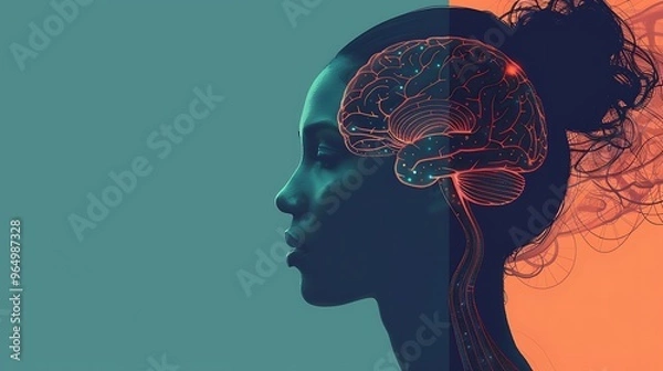 Fototapeta Profile View of a Woman's Face Looking at Purple Brain Hologram - Generative AI