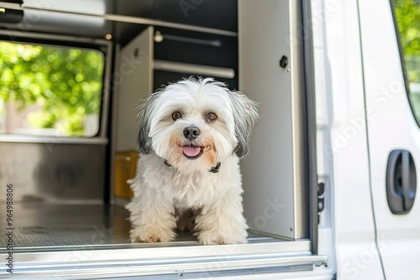 Obraz Pet grooming van with a dog being groomed inside