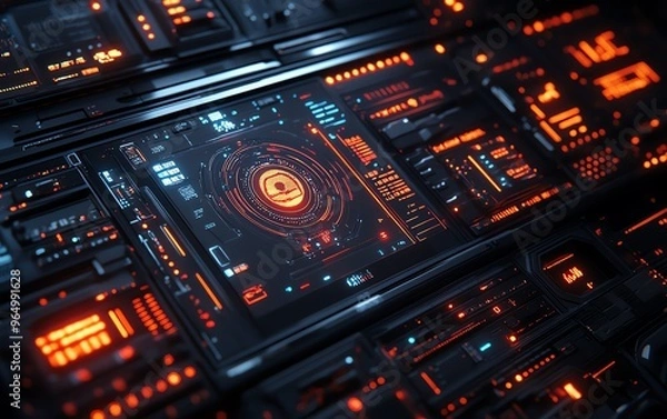 Obraz Hightech hacking toolkit with advanced digital interfaces, encrypted devices, and sleek, futuristic design elements in a darkened environment