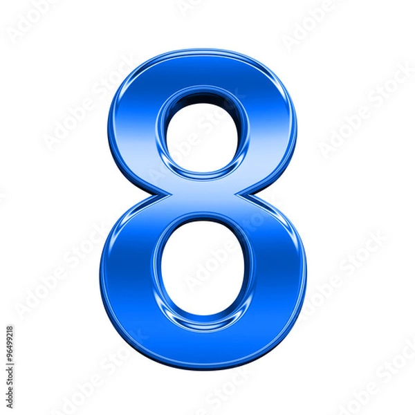 Fototapeta One digit from shiny blue alphabet set, isolated on white. Computer generated 3D photo rendering.