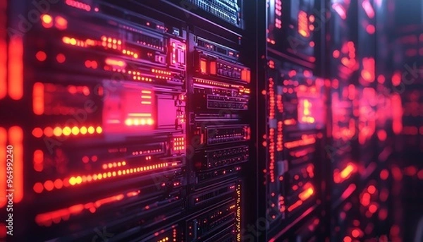 Fototapeta Closeup of a secure data center with stateoftheart cybersecurity systems, featuring encrypted servers, firewalls, and digital security measures