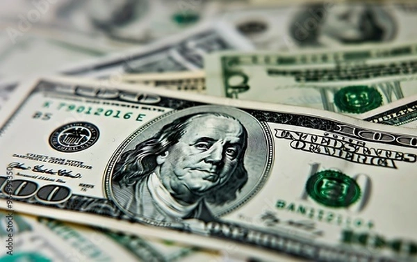 Fototapeta Economy graph: 100 dollar bills and stock market data dashboard.