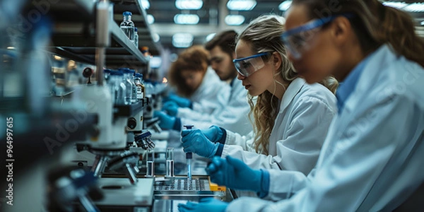 Fototapeta Scientists working in a research laboratory, Group of researchers in a science lab