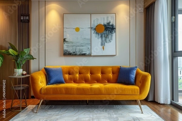Fototapeta Luxurious yellow velvet sofa with brass legs and golden stitching in a modern living room with warm tones and retro American charm.