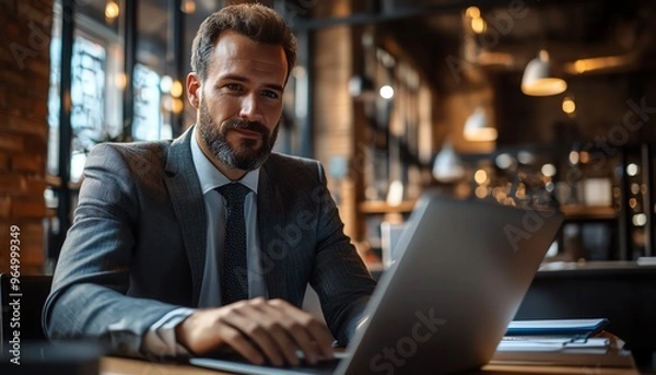 Fototapeta Businessman in a formal suit showcasing digital supply chain management software on a laptop, with a focus on advanced analytics, realtime updates, and modern office aesthetics