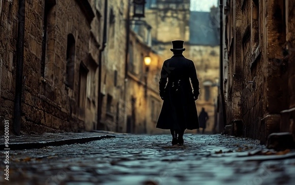 Fototapeta Mysterious man in top hat and black coat strolling alone in a dim city alley, cinematic historical thriller, set in the 19th or 18th century