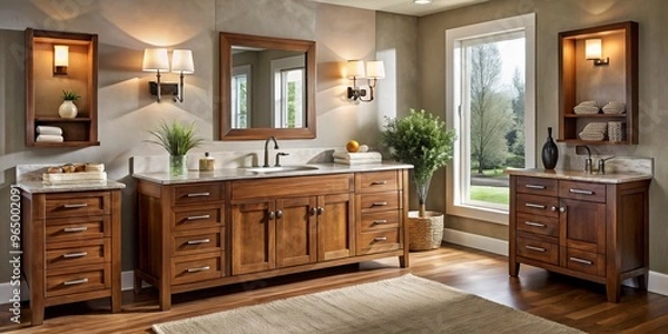 Fototapeta Spacious solid wood bathroom vanity cabinets, adorned with sleek modern hardware, add a touch of warmth to a