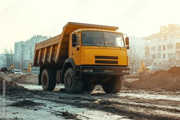 Obraz Dump truck unloading construction debris at a site