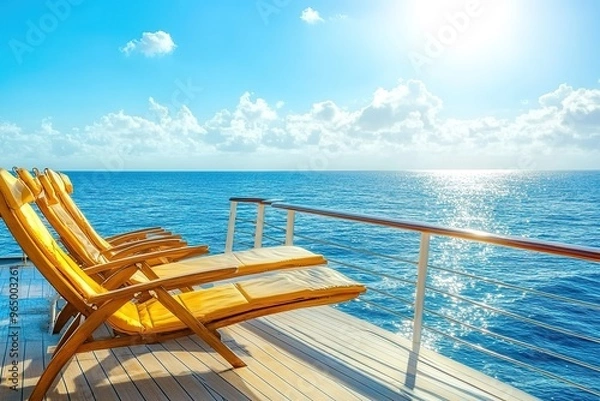 Fototapeta Luxurious cruise ship sailing on the open sea with passengers relaxing on deck chairs