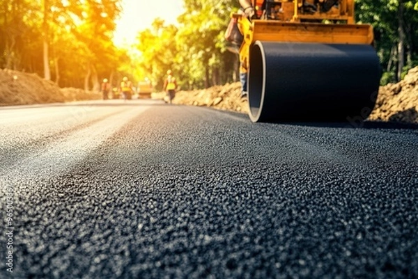 Fototapeta Road roller compacting asphalt on a freshly paved road