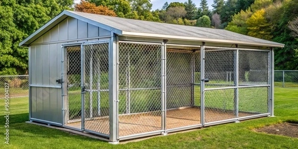 Obraz The covered outdoor pet shelter features chain-link walls, a sloped roof, and an insulated dog house for a