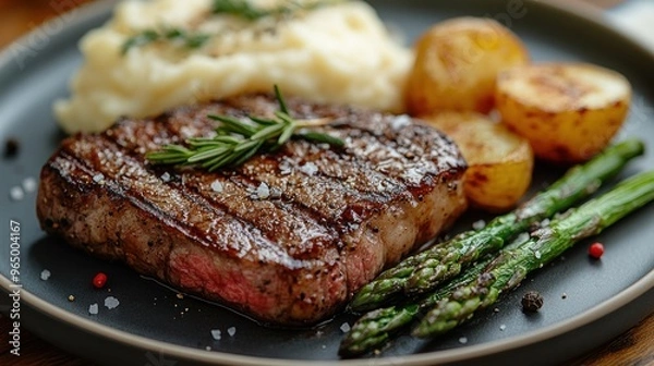 Fototapeta Grilled Steak with Mashed Potatoes, Roasted Potatoes and Asparagus