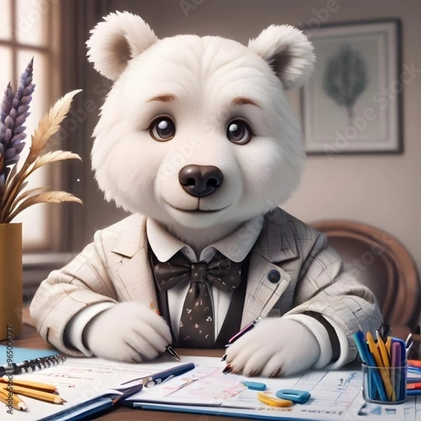 Obraz business white polar bear in suit and bow tie sitting at work desk, writing on a piece of paper. Generative AI.