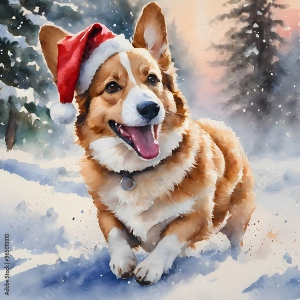 Obraz happy Santa corgi playing in the snow. AI Generative