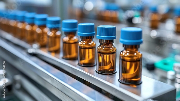 Fototapeta pharmaceutical vials filled with liquid, highlighting precision and meticulous organization in a clinical setting, symbolizing healthcare and scientific accuracy