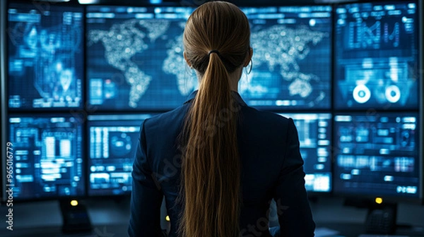 Fototapeta woman examines digital screens, reflecting a futuristic approach to technology and innovation. Her focused gaze suggests deep analysis and the pursuit of advanced solutions
