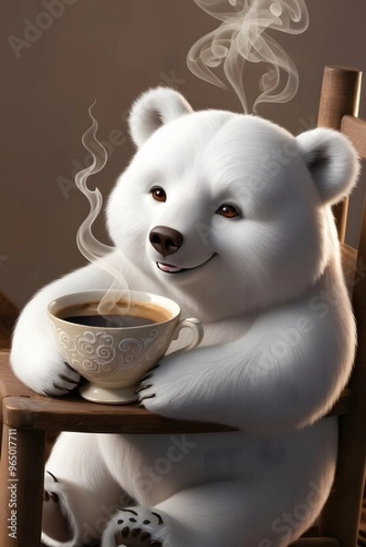 Obraz smiling polar bear sitting in a wooden high chair, holding a cup of coffee. Generative AI.