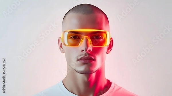 Fototapeta Symmetrical Photo of a Stylish Man with Glasses and Bright Light