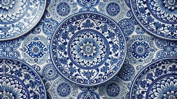 Fototapeta Elegant Asian-style porcelain background in indigo hues with intricate patterns and designs