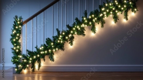 Fototapeta Christmas garland, draped along a staircase railing, intertwined with white lights, dim evening light