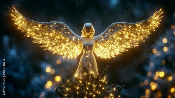 Fototapeta Christmas tree topper, in the shape of an angel, with golden wings, illuminated by tree lights