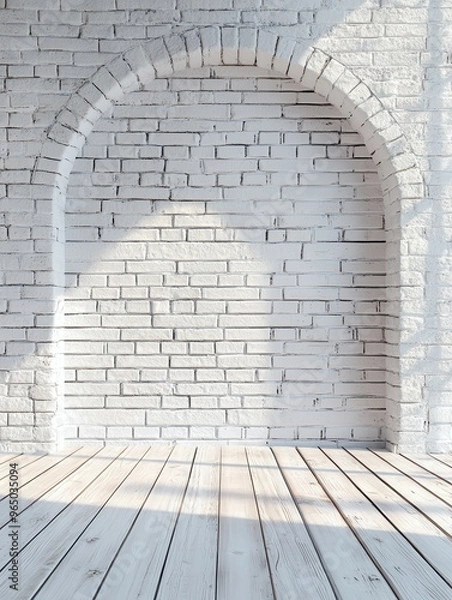 Fototapeta A white brick archway with a wooden floor in front of it