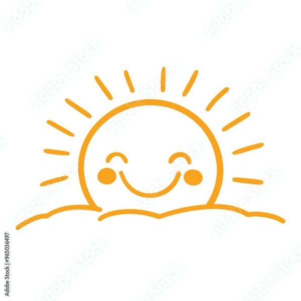 Fototapeta sunset simple graphic sun. hand drawn half sun icon with happy face in doodle style. 