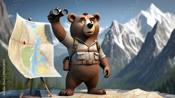 Obraz A bear with a map in hand and binoculars around its neck, eagerly pointing toward a mountain in the distance, ready to explore. It has a determined look and a compass hanging from its belt.