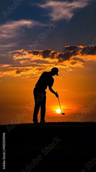 Fototapeta Silhouette of a Golfer Putting with the Setting Sun in the Background