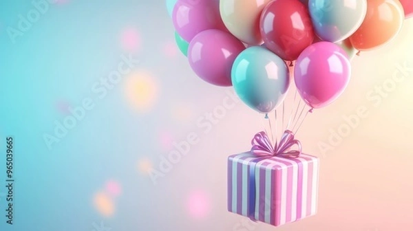 Fototapeta A festive birthday template featuring multicolored balloons and a striped gift box on a smooth gradient background. Focus point, no logo, no people.