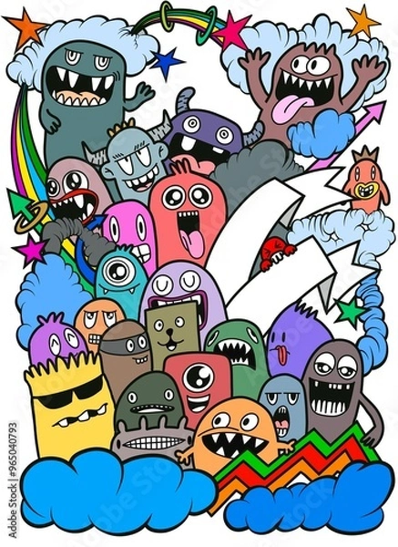 Fototapeta Hand-drawn illustrations, monsters doodle, Hand Drawn cartoon monster illustration,Cartoon crowd doodle hand-drawn Doodle style.