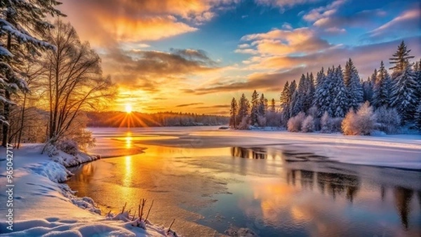 Fototapeta Sunset casting warm hues over a frozen lake surrounded by snow covered trees and a serene winter landscape, landscape, snow-covered trees, warm hues,sunset, serene, frozen lake