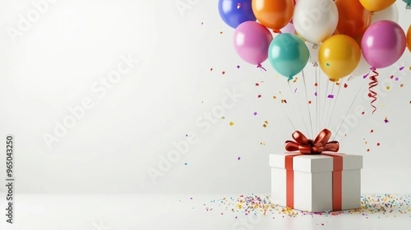 Fototapeta Happy Birthday template with a white gift box and bright, multi-colored balloons, on a smooth, clean backdrop. No logo, no people.