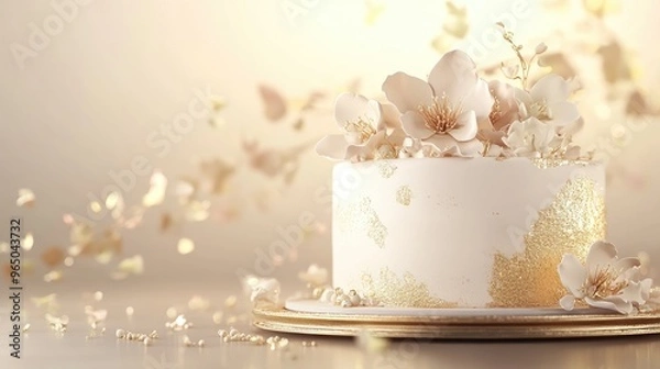 Fototapeta Realistic white and gold birthday cake with flower accents, on a smooth, softly lit background. Focus point, no people.