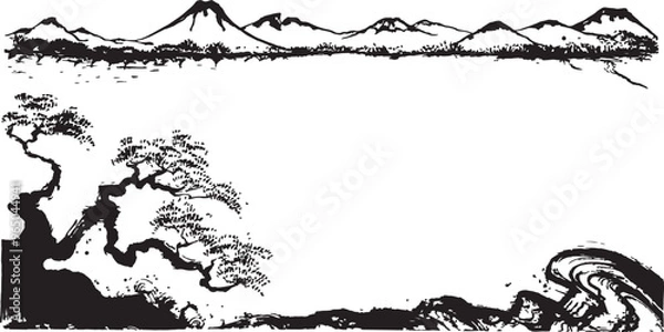 Obraz 日本の風景　コピースペース　手書きの毛筆イラスト