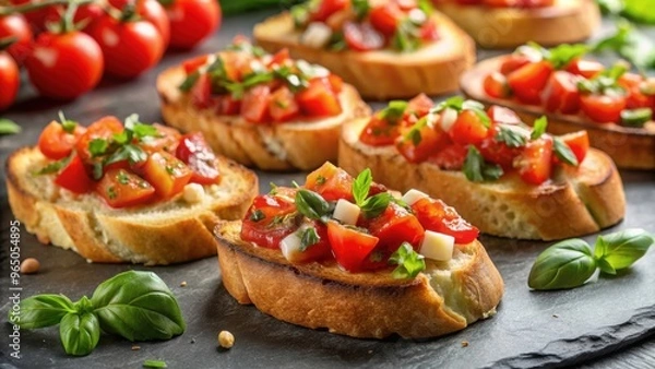Obraz Close up view of crispy toasts with bruschetta toppings made from sliced baguette, toasts, bruschetta, sliced baguette
