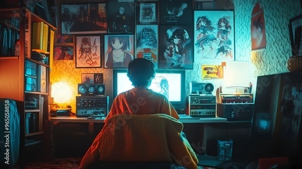 Fototapeta teenager in an 80's-themed bedroom, surrounded by nostalgic anime posters, relaxing with lo-fi music playing from a vintage boom box, the soft glow of desk lamps creating a calming atmosphere