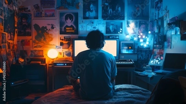 Fototapeta teenager in an 80's-themed bedroom, surrounded by nostalgic anime posters, relaxing with lo-fi music playing from a vintage boom box, the soft glow of desk lamps creating a calming atmosphere