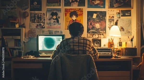Fototapeta teenager in an 80's-themed bedroom, surrounded by nostalgic anime posters, relaxing with lo-fi music playing from a vintage boom box, the soft glow of desk lamps creating a calming atmosphere