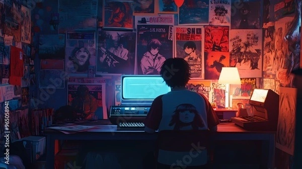 Fototapeta teenager in an 80's-themed bedroom, surrounded by nostalgic anime posters, relaxing with lo-fi music playing from a vintage boom box, the soft glow of desk lamps creating a calming atmosphere