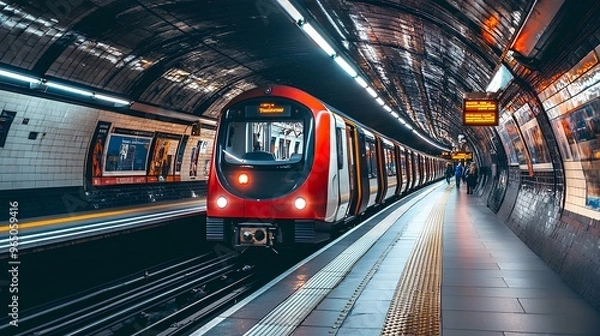 Fototapeta An underground metro station with a train arriving at the platform